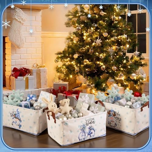 CHENGU 6 Pack Winter Storage Basket Collapsible Snowflakes Basket for Gifts Gnomes Holiday Decor Large Snowman Bin Foldable Blue Hello Winter Box with Handle for Bedroom Office Home