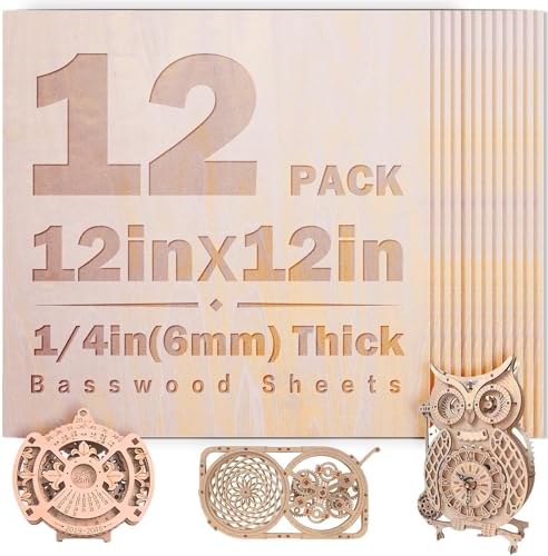 12 Pack Basswood Sheets 1/4 inch,12x12x1/4Iinch Plywood Sheets,6mm Basswood for Laser Cutting,Laser Engraving Blanks,Thin Natural Unfinished Wood for Crafts,Wood Burning (12pack-12x12 1/4(6mm) Thick)