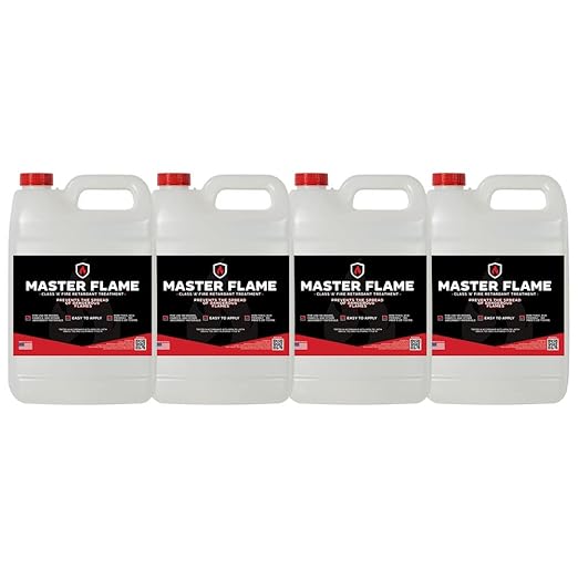 Master Flame Class A Fire Retardant Spray for Wood, Fabric, Cotton & More - Non-Toxic Flame Retardant Coating - Meets NFPA 701 & ASTM E84 - Made in USA - Easy to Apply and Dries Clear - 4 Gallon Case