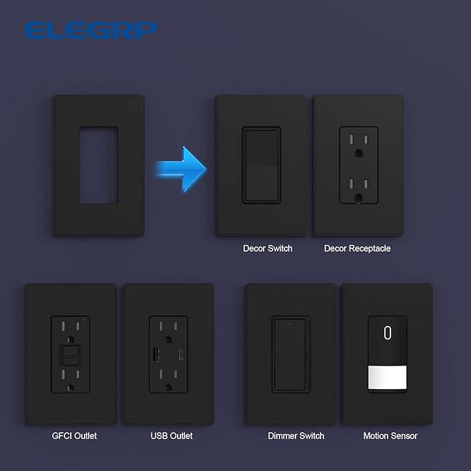 ELEGRP 1-Gang Screwless Decorative Wall Plates, Mid-Size Unbreakable Thermoplastic Faceplate Cover for Decorator Receptacle Outlet Switch, UL Listed (2 Pack, Matte Black)