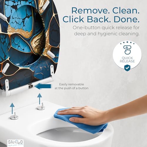 Sanilo Wooden Toilet Seat with Quick Release & Soft Close [ROUND] - Decorative & Slow Close Molded Wood Seat - With One Click for Easy Installation & Cleaning - With Adjustable Fit (Marble Cobalt)