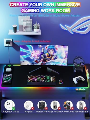 Mouse Pad with 15W Magnetic Wireless Charging 31.5x15.75 Inch, RGB Mousepad for Desk Mat, XXL Desk Pad with 11 Colors & 5 Modes, Home Office Large Keyboard Pad Waterproof Non-Slip for Gaming PC Setup