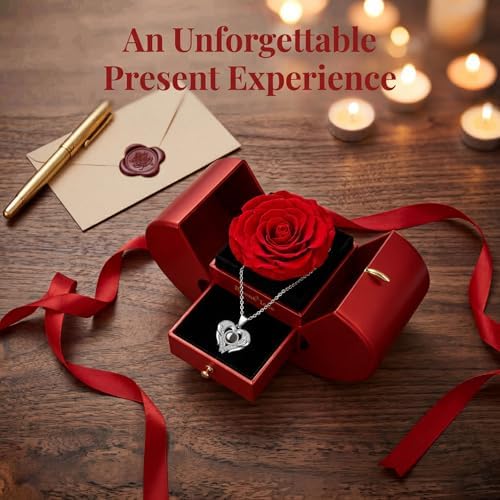 Preserved Real Rose with I love you Necklace 100 Languages, Gifts for Girlfriend, Women, Mom, Wife, Gifts Idea on Christmas, Valentine's Day, Mother's Day, Birthday, Anniversary, Thanksgiving