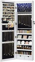 SONGMICS 6 LEDs Mirror Jewelry Cabinet, 47.2-Inch Tall Lockable Wall or Door Mounted Jewelry Armoire Organizer with Mirror, 2 Drawers, 3.9 x 14.6 x 47.2 Inches, White UJJC93W