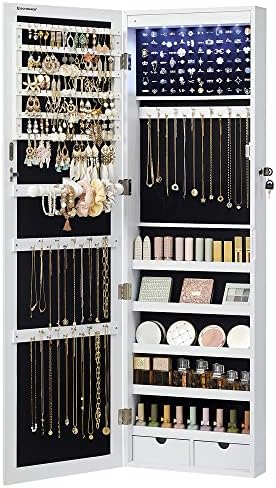 SONGMICS 6 LEDs Mirror Jewelry Cabinet, 47.2-Inch Tall Lockable Wall or Door Mounted Jewelry Armoire Organizer with Mirror, 2 Drawers, 3.9 x 14.6 x 47.2 Inches, White UJJC93W