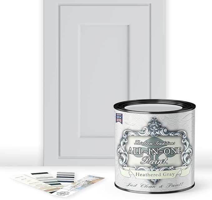 ALL-IN-ONE Paint by Heirloom Traditions, Heathered Gray (Light Cool Gray), Quart - Durable cabinet and furniture paint. Built in primer and top coat, no sanding needed. Includes our 30 featured color