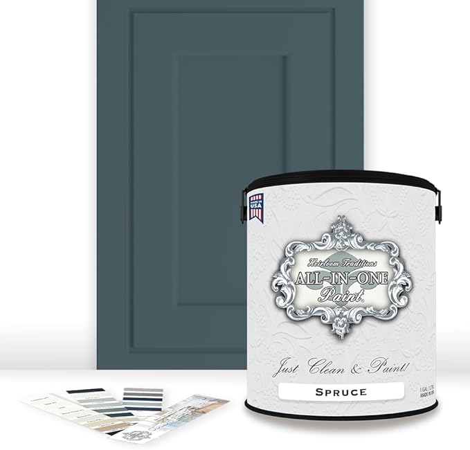 ALL-IN-ONE Paint by Heirloom Traditions, Spruce (Muted Blue Green), Gallon - Durable cabinet and furniture paint. Built in primer and top coat, no sanding needed. Includes our 30 featured color card.