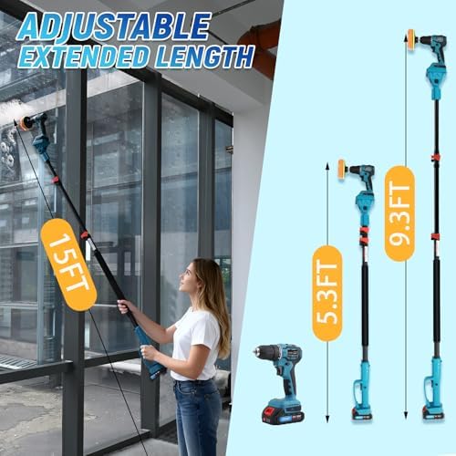 Cordless Power Drill Cleaning Tools Electric Spin Scrubber Extra Large Brush 1500 RPM High Power Electric Scrubber for Cleaning Adjustable Extension Handle, for Tub/Tile/Floor/Car (7Brushes)