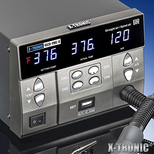 X-Tronic 4020-PRO-X • Hot Air Rework Station • 1000 Watt • Brushless DC Vortex Blower • Quick Change Nozzle Holder • 4 Presets • Temp Calibration, C/F, Auto Cool Down • 3 Straight/2 Spiral Nozzles!