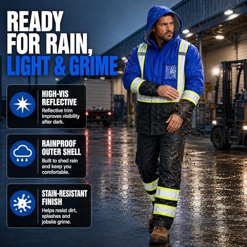 FATONE Rain Suits for Men Waterproof Reflective High Visibility Rain Gear Mens Heavy Duty, Hi Vis Rain Jacket & Pants with Black Bottom Class 3 ANSI/ISEA Compliant, Blue S/M