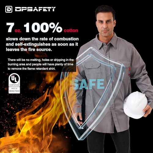 FR Shirt 7oz Fire Resistant Shirts Men's,CAT2 Welding Shirt 100% Cotton Flame Resistant Shirts Gray (Medium)