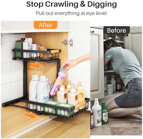 PXRACK Under Sink Organizer, Adjustable Height, 2 Tier Pull Out Under Cabinet Organizer, Slide Out Thickened Metal Under Sink Storage for Kitchen Bathroom Laundry Pantry Cabinet, Black, Small-2-Pack
