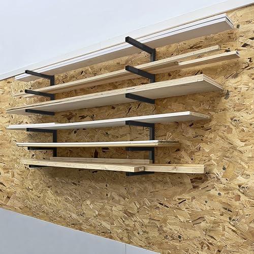 Lumber Rack Wood Storage Racks with 3 Level, Garage Wood Organizer Lumber Storage Rack, Workshop Organizers and Storage Wood Wall Shelving Wall Mounted, Lumber Metal Racks for Indoor (Black-6 Pack)