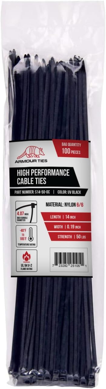 14-inch Black Zip Ties Heavy Duty UV Resistant Nylon Cable Ties, 50lb Tensile Strength, 100-Pack - Durable Wire Ties, Heavy Duty Tie Straps Indoor and Outdoor Cable Management Solution by ARMOUR TIES