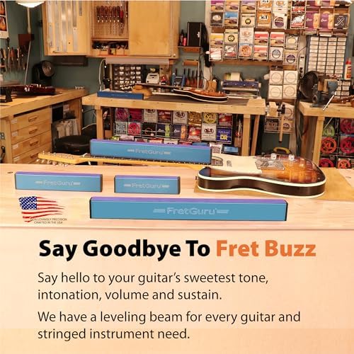 FretGuru Sanding Beam Fret Leveler (16" ~400mm) Professional guitar luthier leveling file includes 240, 320, 400, 600 Grit Advanced Film -Backed Ceramic Sandpaper naphtha based adhesive remover wipes