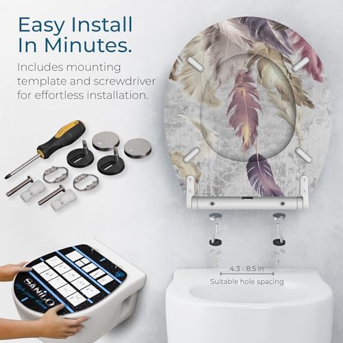 Sanilo Wooden Toilet Seat with Quick Release & Soft Close [ROUND] - Decorative & Slow Close Molded Wood Seat - With One Click for Easy Installation & Cleaning - With Adjustable Fit (Feathers)