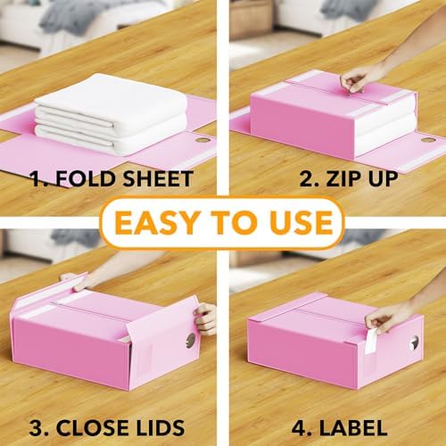 SpaceAid 3 Pack Bed Sheet Organizers and Storage, Foldable Sheet Organizer for Linen Closet, Set Folder Keeper with Window XL (Queen & King Size) Bedding Container (Pink, 3 Pack)