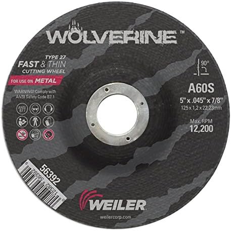 Weiler 56392 5 Inch Cutting Wheel, Wolverine AO Steel/Metal Fast Cutting, .045" A60S Type 27 7/8" Arbor, Pack of 25