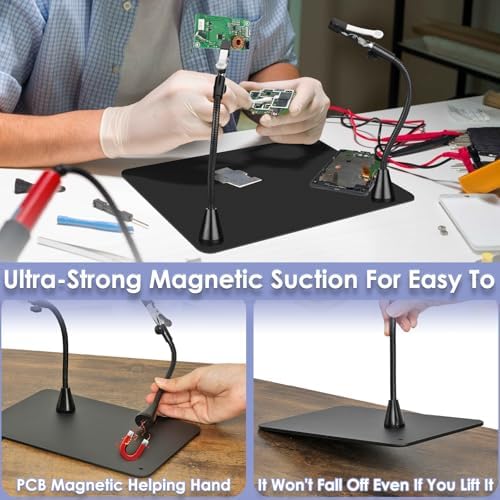 Drdefi Helping Hands Soldering Station, 10X Square Magnifying Glass with Light and Phone Holder, 4 Magnetic Third Hands Soldering Tool, PCB Holder Solder Magnifier Desk Lamp for Electronic Repair