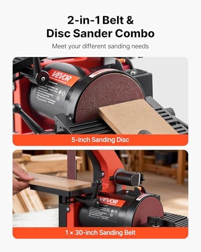 VEVOR 5" Disc Sander & 1" x 30" Belt Sander, 250W Benchtop Belt Disc Sanders Combo with 0-45° Adjustable Worktable & Dust Collection Ports for Woodworking, Furniture Refinishing, DIY Crafting