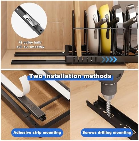 Mustorn Pots and Pans Organizer Under Cabinet, 21.6" Deep Pull Out Pot Lid Organizer Holder with Guardrail Adhesive Pot and Pan Holder Rack with 10 Adjustable Dividers-1 Pack(Black)