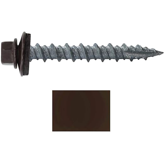 10 x 1-1/2" Dark Brown Metal Roofing Screws - Hex Washer Head- Self-Starting/Tapping - EPDM Washer. 1 x 250 Count Bag - 250 Screws