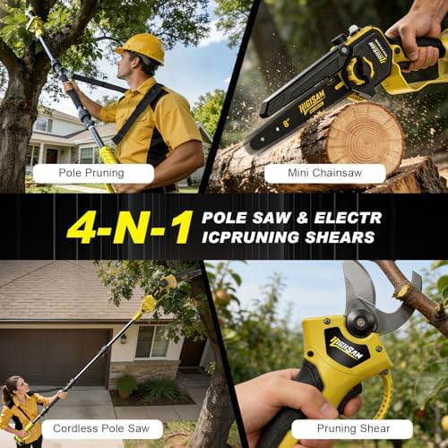 4-in-1 Cordless Pole saw Pruning Set,Electric Pruning Shears & 8 Inch pole saws for tree trimming with 13.8ft Max Extension Pole,Brushless Motor,Two 4.0Ah Batteries, Electric Pole Saw Tree Trimming
