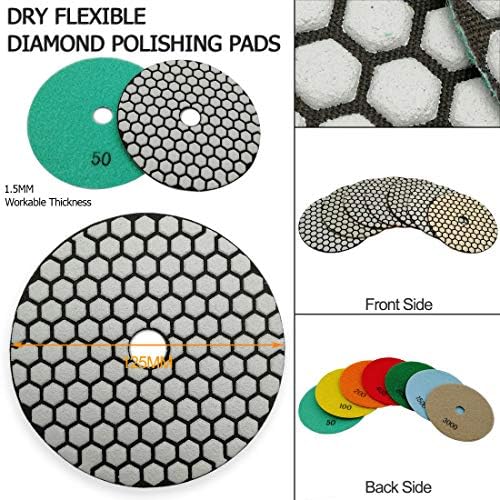 SHDIATOOL 5 Inch Dry Diamond Polishing Pads Set of 7 Pieces for Granite Marble Quartz