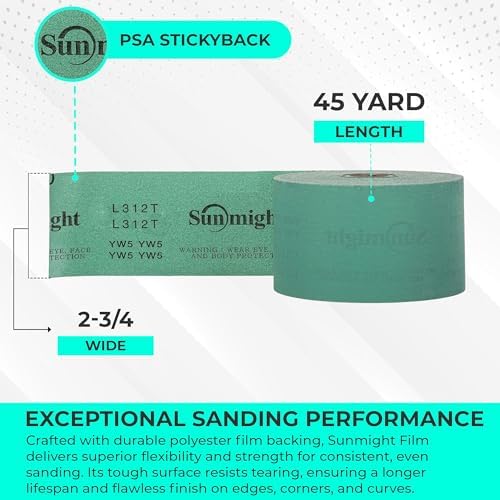 Sunmight Film 320 Grit Sandpaper Roll 2-3/4" x 45 Yards – PSA Longboard Sandpaper – Adhesive Backed for Auto Body, Wood, Metal, Marine & Aerospace – Durable Polyester Backing for Smooth, Even Sanding