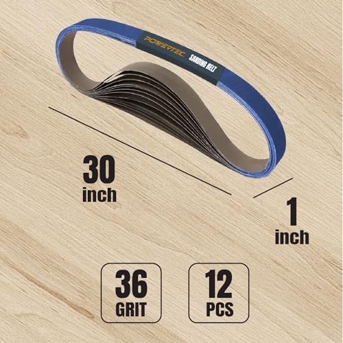 POWERTEC 1x30 Sanding Belts, 12PK, 36 Grit Zirconia 1 x 30 inch Sanding Belts for Belt Grinder, Belt and Disc Sander, Knife Sharpening, Woodworking, Metalworking, Derusting (4130036Z-6-P2)