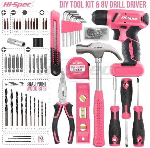 Hi-Spec 8V USB Cordless Drill Driver Home Tool Kit for Home DIY, Pink