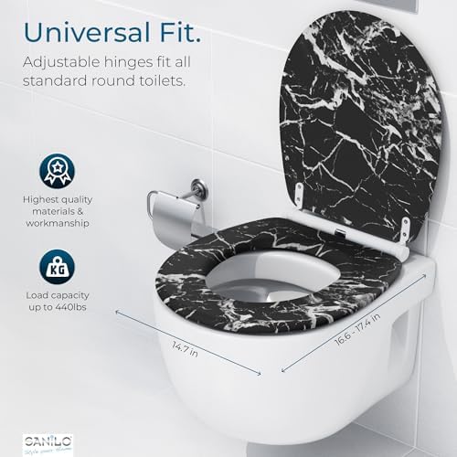 Sanilo Wooden Toilet Seat with Quick Release & Soft Close [ROUND] - Decorative & Slow Close Molded Wood Seat - With One Click for Easy Installation & Cleaning - With Adjustable Fit (Marble Black)