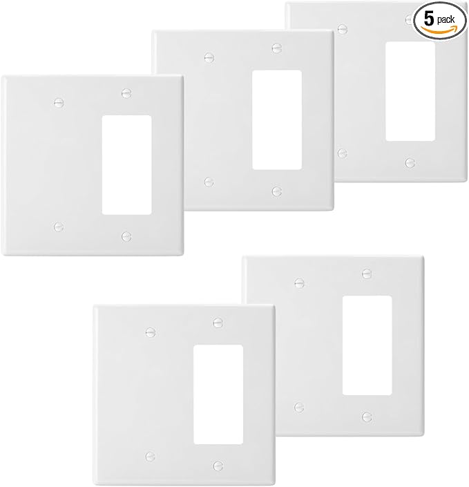 Bates- Combination Wall Plate, 4.8"x4.9", 5 Pack, Decorator/Blank, White, Polycarbonate Thermoplastic, 2 Gang Wall Plate for Electrical Outlets