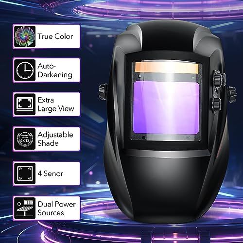 TRQWH Welding Helmet Auto Darkening Large Viewing True Color Solar Powered Welding Mask with 4 Arc Sensor Adjustable Wide Shade Range 4~5-8/9-13 Welder Mask