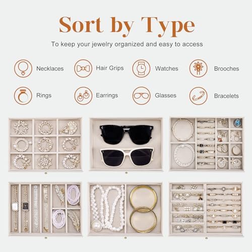 Dajasan Large Jewelry Organizer Box, Jewelry Boxes for Women Girls, 6-Tier Jewelry Storage Organizer with Mirror for Necklace Ring Bracelet Watch, Gift Idea (Beige)