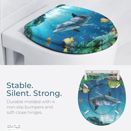 Sanilo Wooden Toilet Seat with Quick Release & Soft Close [ROUND] - Decorative & Slow Close Molded Wood Seat - With One Click for Easy Installation & Cleaning - With Adjustable Fit (Dolphin)