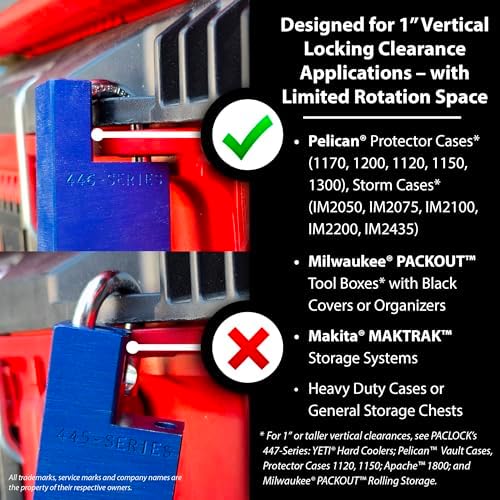 PACLOCK's UCS-446A Shrouded Single Post Padlock for Pelican® Storm Cases & Milwaukee® PACKOUT™, Slim Shoulder for Limited Rotation, Prevents Cutting Attempts, Black, 2 Keys, Keyed Alike U-Pick!