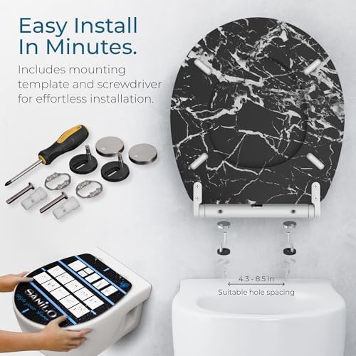 Sanilo Wooden Toilet Seat with Quick Release & Soft Close [ROUND] - Decorative & Slow Close Molded Wood Seat - With One Click for Easy Installation & Cleaning - With Adjustable Fit (Marble Black)