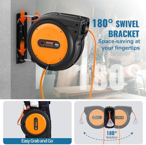 VEVOR 65FT Retractable Extension Cord Reel, Heavy Duty 12AWG/3C SJTOW Cord
