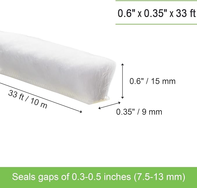 Self-Adhesive Weather Stripping Seal for Doors & Windows – Soundproof Insulation Gap Filler for Sliding, Exterior, Front, and Jamb Frames – 0.6" x 0.35" x 33 ft, White