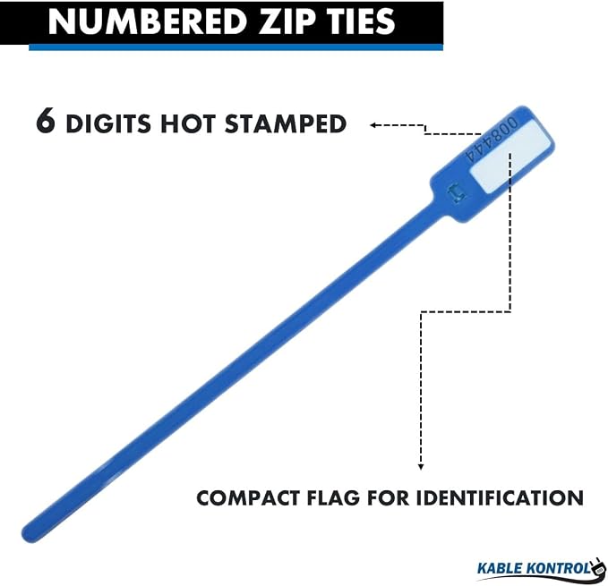 Kable Kontrol Serialized Write-On Flag Zip Ties, 6 Inch 100 Pcs – Blue | Numbered Cable Ties with Narrow Flag Writable ID Tag Nylon Self-Locking Wire Marker Labels & Tie Straps