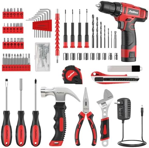 PULITUO 149-Piece Home Drill Set with Red 12V Cordless Drill, Hand Tools & Tool Box, Tool Kit for Women & Men and DIY Enthusiasts, for Home Improvement