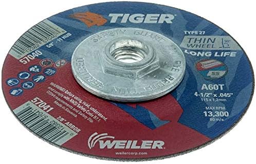 Weiler 57040 4-1/2 Inch Cutting Wheel, Tiger AO Steel/Metal Long Life Performance Cutting, .045" A60T Type 27 5/8"-11 Hub, Pack of 10