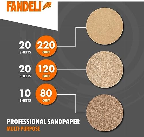 Fandeli | Multi-Purpose Sanding Paper | Assorted Grits (80,120,220) | 50 Sheets of 23 x 28 cm | Perfect for Sanding Metal and Sanding Wood | Hand Sanding | Orbital Sanders.