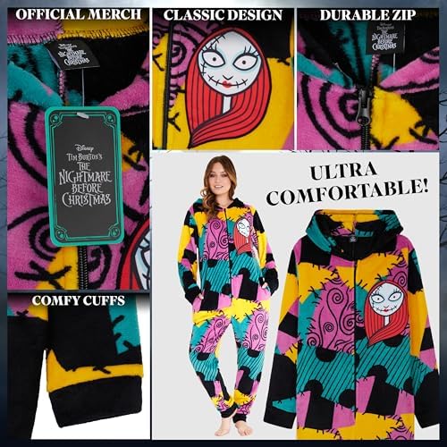 Disney The Nightmare Before Christmas One Piece Pajamas for Women, Teens, Fleece Jumpsuit With Hood, Halloween Gifts