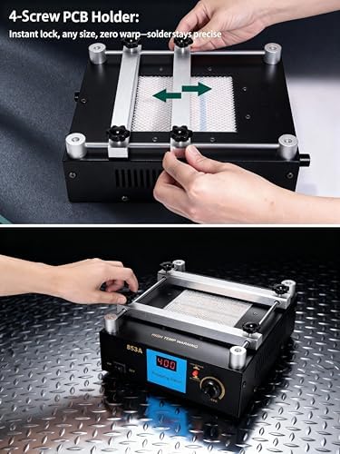 853A BGA Rework Station Preheating Oven Hot Plate, 110 V 450 W, Digital PCB Preheater Welder Soldering 50–400 °C, Anti-Static Work Surface, PID Constant-Temp Control with Hot Air Gun Holder