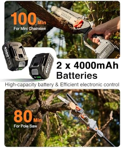TaskStar 2-in-1 Pole Saw for Tree Trimming, 8-Inch Cordless Brushless Chainsaw with Adjustable Extension Pole, 2×4.0Ah Rechargeable Batteries & Charger, Auto Oiling, 15 Ft Max Reach