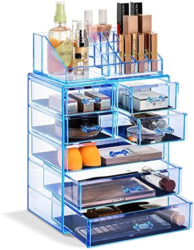 Sorbus Makeup Organizer, 7-Drawer Acrylic 2-Piece Set (Blue Brilliance)