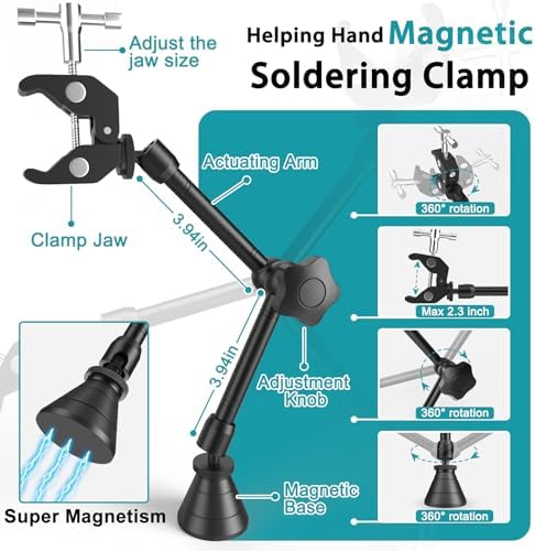 Helping Hands Soldering Station, 12X Magnifying Glass with Light with Soldering Clamp, 4 Magnetic Third Hand & 4 PCB Holders, 360° Hot Air Gun Holder, Desk Lamp for Soldering Repair Jewelry