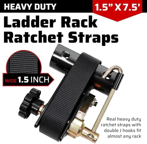 Black Rack Straps with J-Hook (2PK),1.5" x7.5' Ladder Rack Ratchet Straps, 2" Round Tube Mount, Perfect Ladder Rack Tie-Downs for Trailer Cargo Control